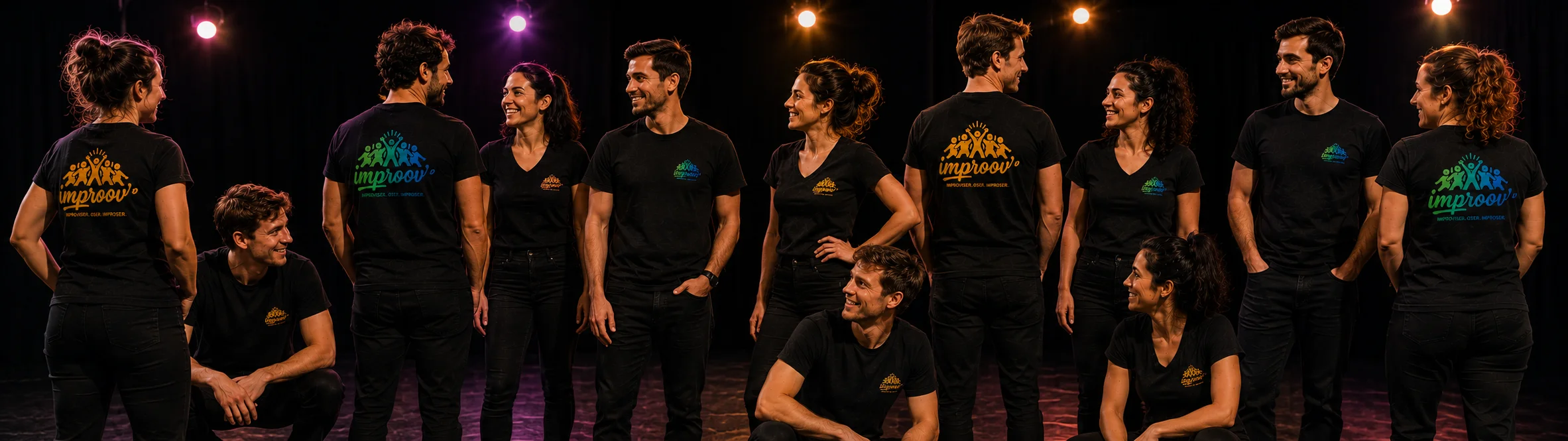 R&eacute;alisation de t-shirts noirs personnalis&eacute;s pour une troupe de th&eacute;&acirc;tre d&rsquo;improvisation, avec mod&egrave;les homme et femme, marquage c&ocirc;t&eacute; c&oelig;ur et grand marquage au dos en deux versions color&eacute;es.