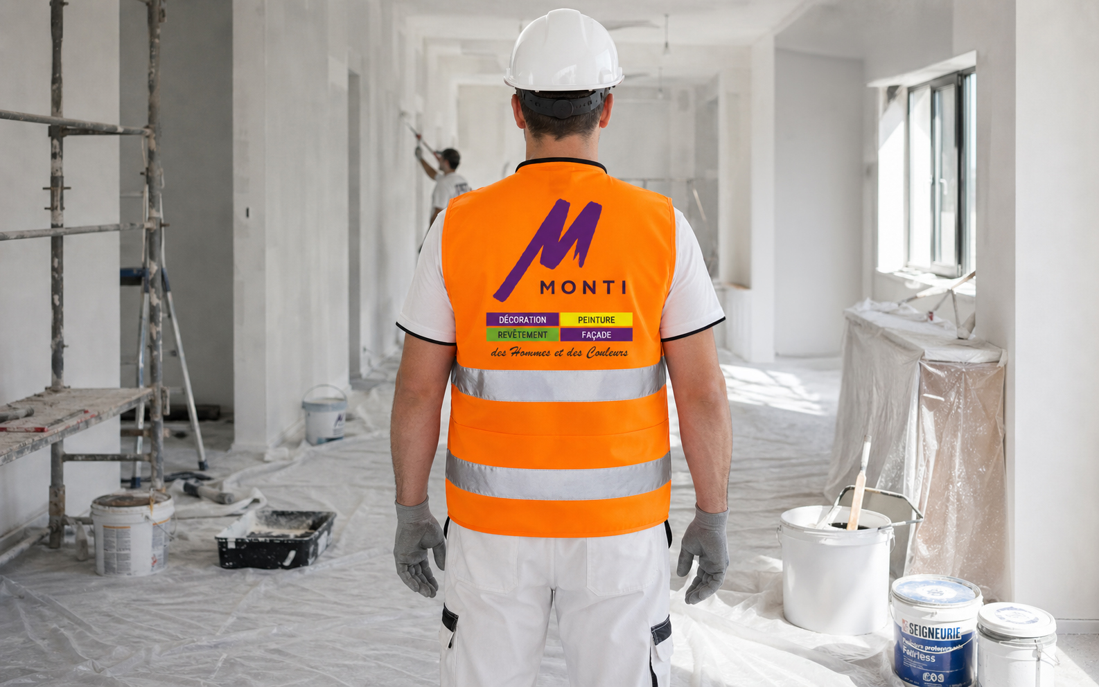 Gilet haute visibilit&eacute; orange personnalis&eacute; DTF dos avec marquage Monti grand format - Kom&eacute;r&egrave;s