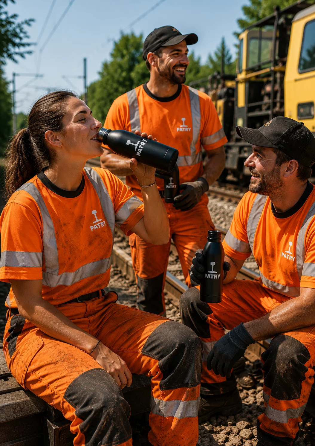 Mise en situation des gourdes isothermes personnalis&eacute;es Patry sur un chantier ferroviaire. Personnalisation r&eacute;alis&eacute;e dans notre atelier gr&acirc;ce au marquage DTF UV pour une finition durable et qualitative.