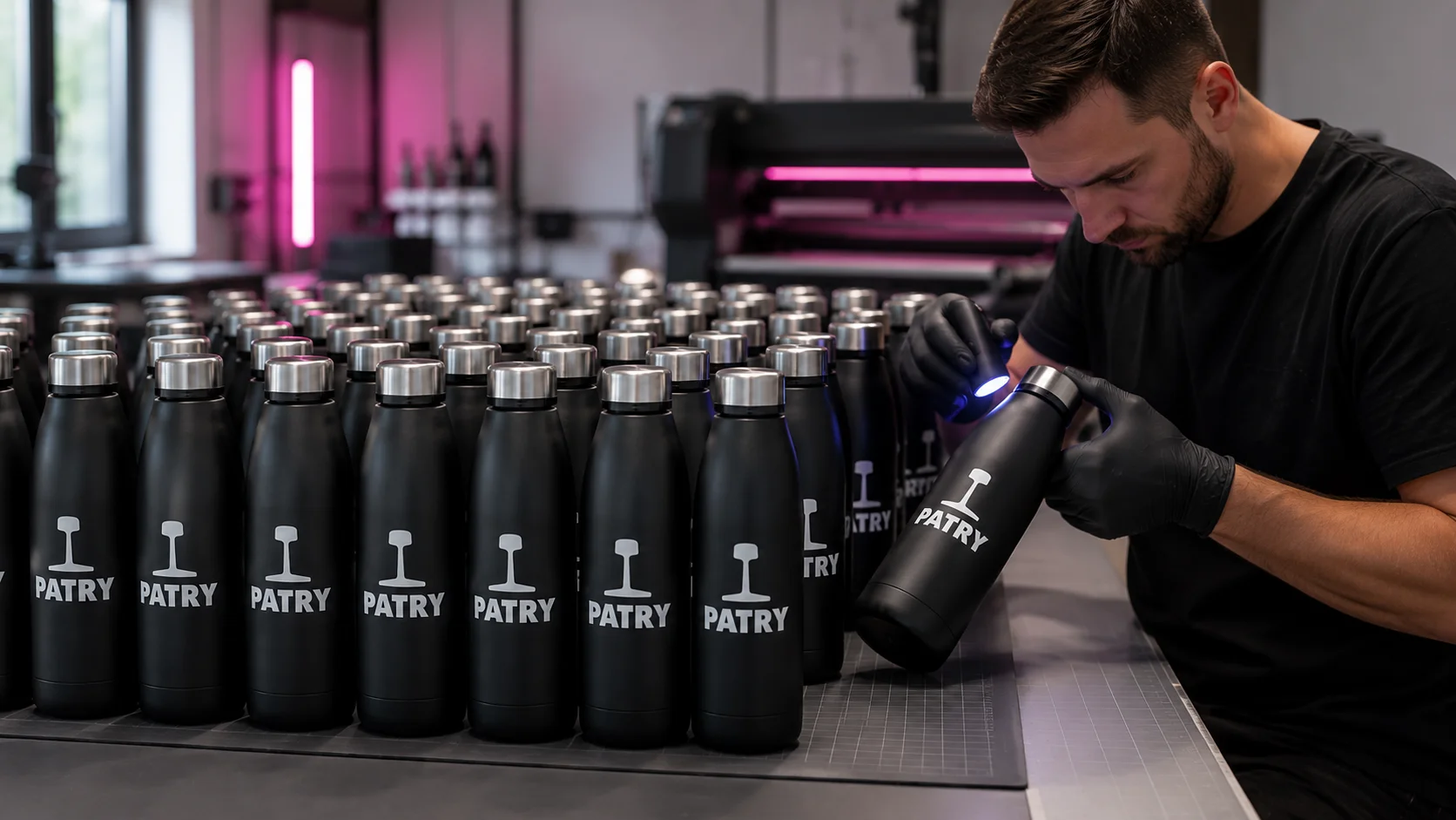 R&eacute;alisation de gourdes isothermes personnalis&eacute;es de 750 ml pour l'entreprise Patry. Marquage DTF UV effectu&eacute; dans notre atelier du Val-d'Oise afin de r&eacute;pondre &agrave; un d&eacute;lai de production court.