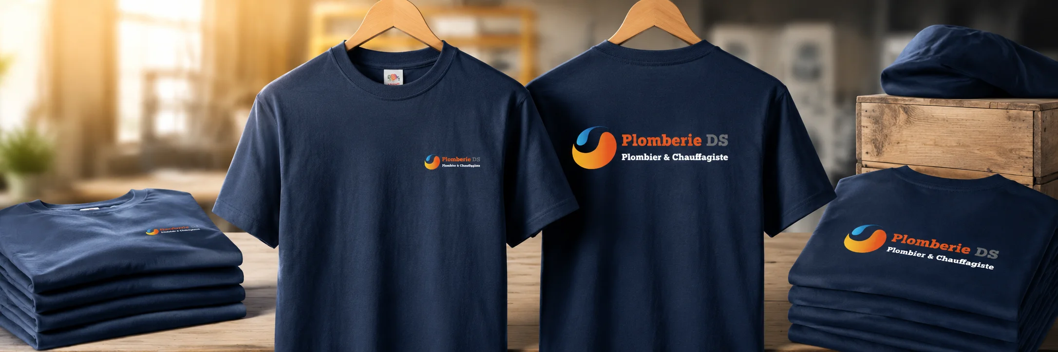 T-shirts personnalisés pour Plomberie DS par Komérès Réalisation de t-shirts bleu marine personnalisés pour l’entreprise Plomberie DS, avec marquage du logo sur le cœur et dans le dos.