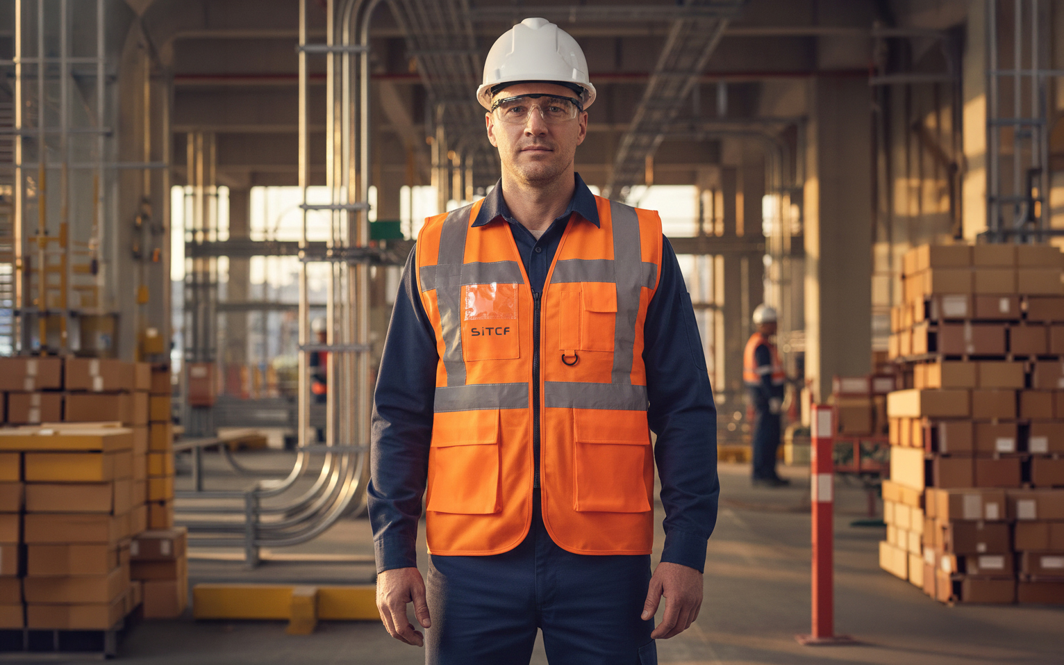 Gilet haute visibilit&eacute; orange personnalis&eacute; DTF pour SITCF &agrave; Eaubonne, interventions voies SNCF - Kom&eacute;r&egrave;s