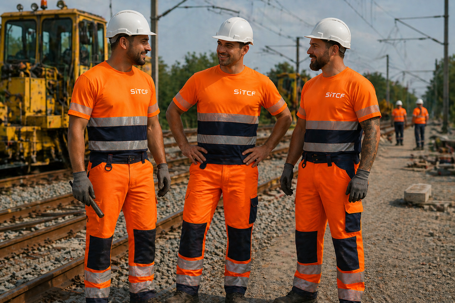 T-shirts haute visibilit&eacute; orange personnalis&eacute;s DTF pour SITCF, interventions voies SNCF - Kom&eacute;r&egrave;s