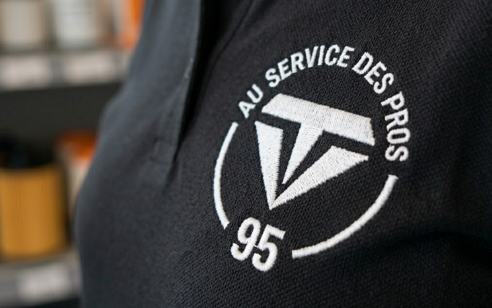 D&eacute;tail broderie blanche logo VT 95 sur polo noir - r&eacute;alisation Kom&eacute;r&egrave;s Taverny