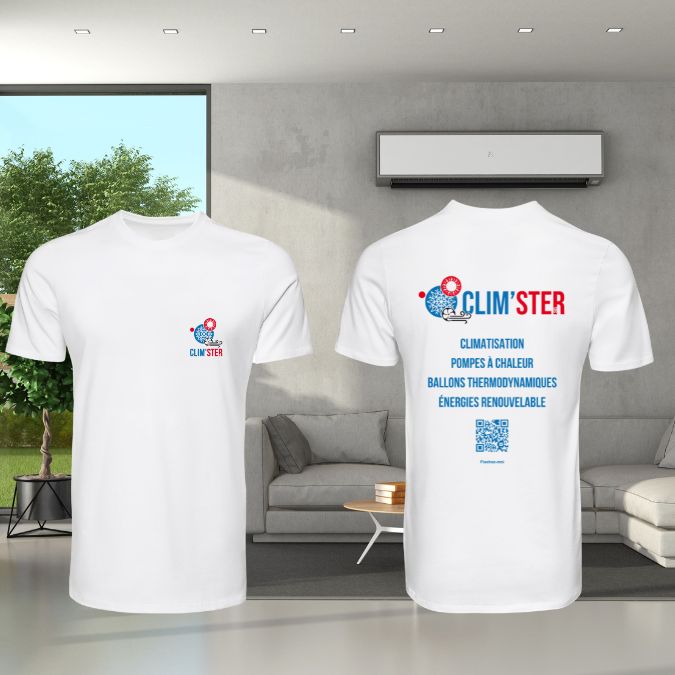T-shirt personnalisé pour entreprise Clim’ster réalisé avec impression DTF, recto et verso avec logo professionnel.