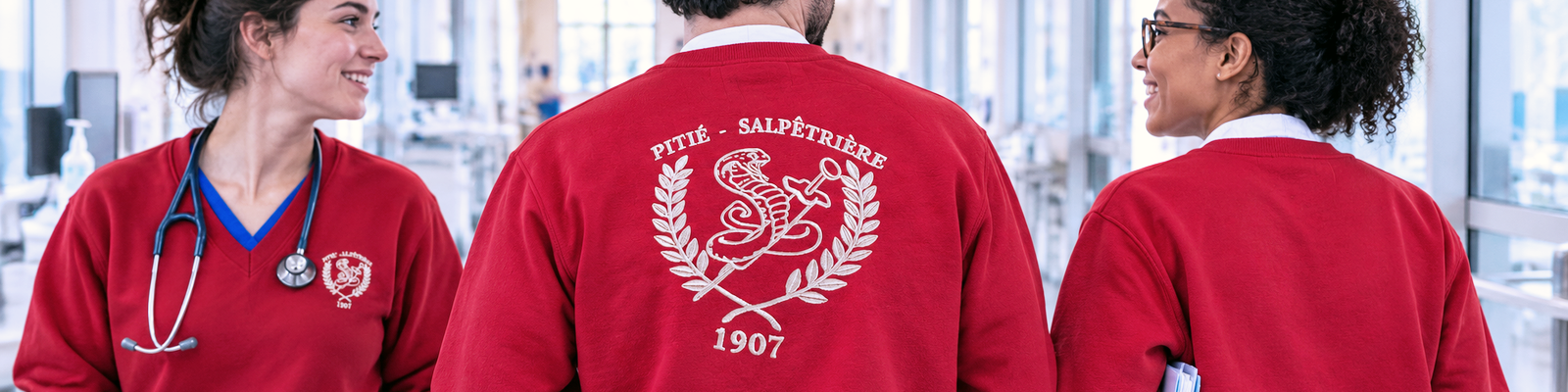 309 sweats brodés pour l’hôpital de la Pitié-Salpêtrière Trois professionnels de santé portant des sweats rouges brodés dans un couloir d’hôpital